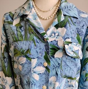 LEILEI Silk Button Up Shirt Blue Floral Tropical Hydrangea Classic Colorful Med